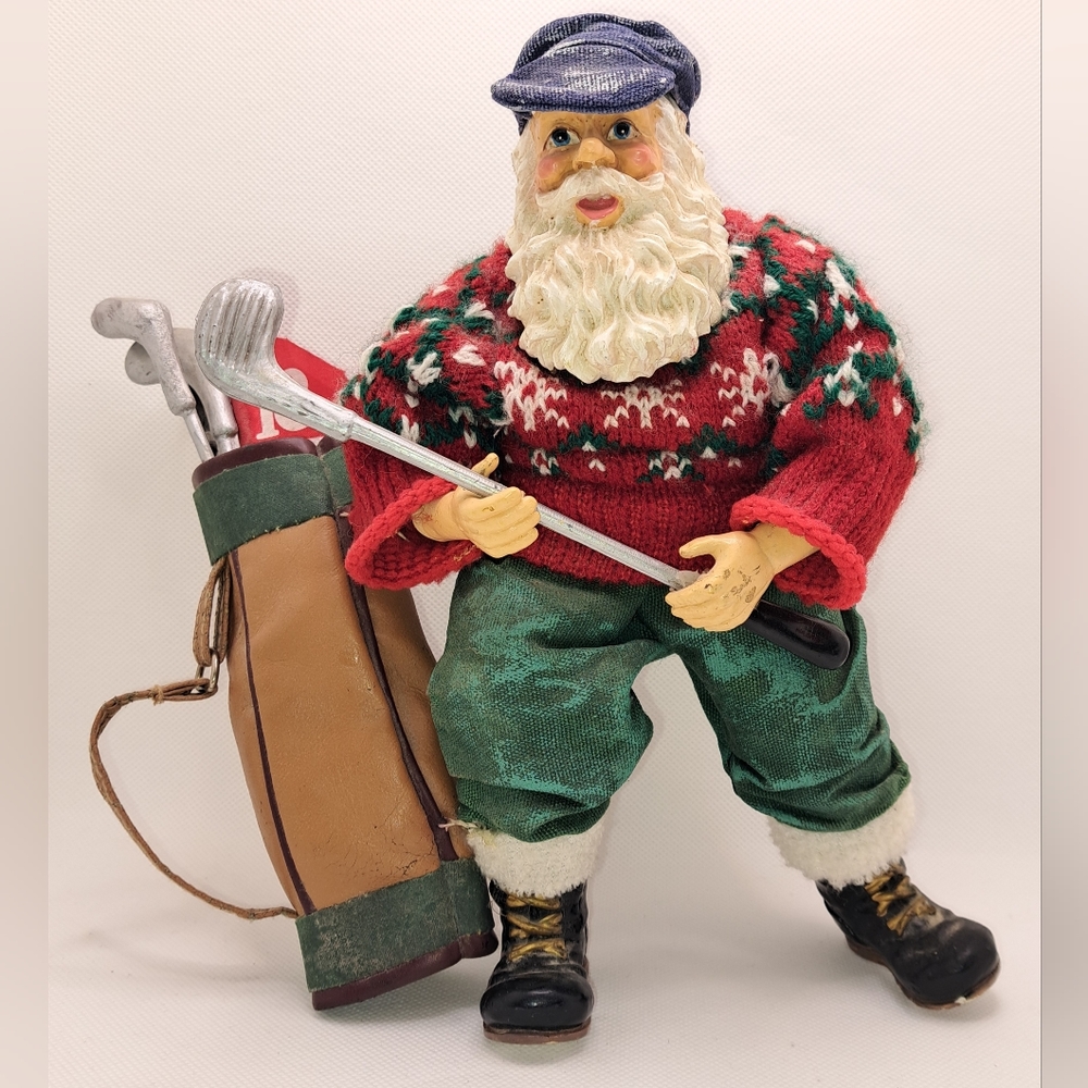 Vintage Golfing Santa Claus Christmas Figure With Sweater Golf Bag 9.5" Tall